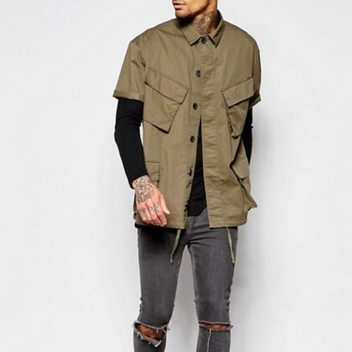 ASOS Khaki Military Shirt With 4 Pockets In Half Sleeve In Regular Fit