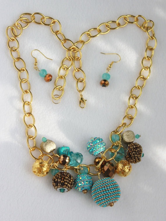 Berry Ice-Gold Chain Necklace With A Cluster Of Bold Dangling Aqua Blue, 