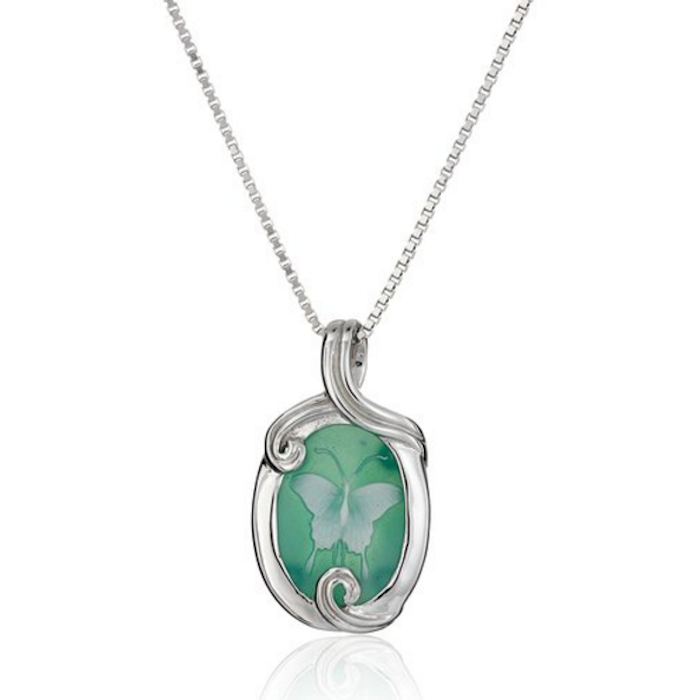 Sterling Silver Green Agate Butterfly Cameo Pendant Necklace, 18\
