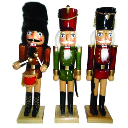 Set Of 3 Jewel Tone Traditional Soldier And Drummer Wooden Christmas Nutcrackers