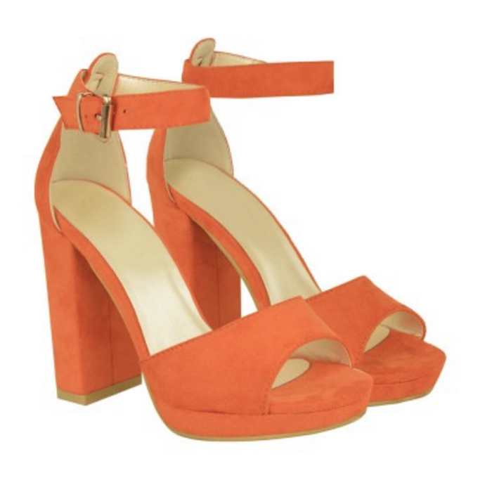 orange suede block heels