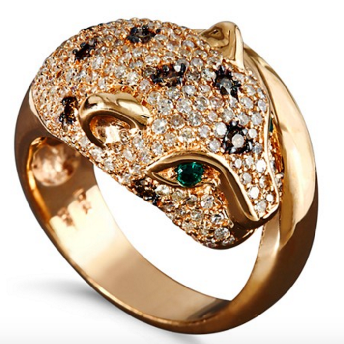 EFFY Signature Diamond White and Champagne Diamond (1-1/3 ct. t.w.) and Emerald Accent Panther Ring in 14k Rose Gold