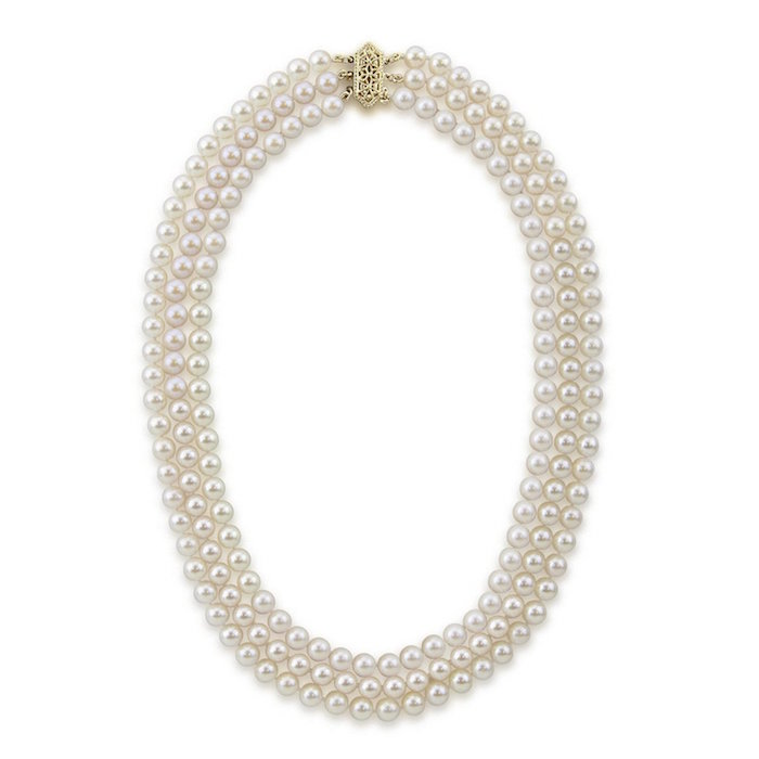 14k Yellow Gold Triple Strand White Akoya Cultured Pearl Necklace AAA Quality (6-6.5mm), 17\