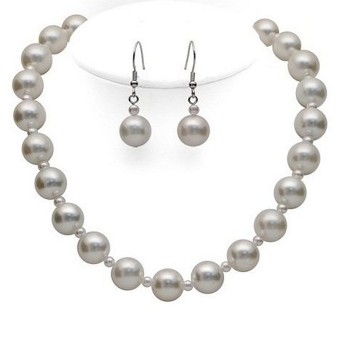 White Faux Pearl Necklace & Earring SET with Small & Large Faux Pearls
