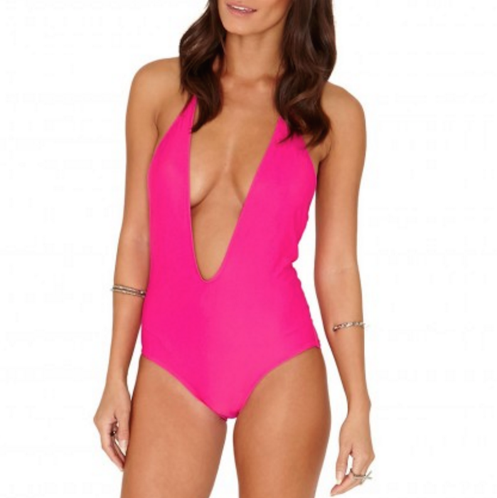 Alka Deep V-Neck Swimsuit in Hot Pink