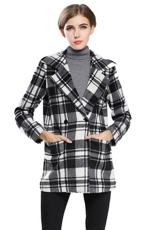 Yacun Women's Lapel Double-breasted Loose Plaid Woolen Jacket Coat 