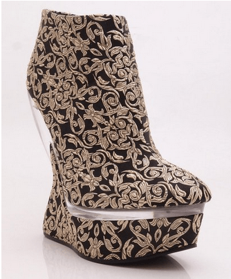 Qupid Sleek-01 Embroidered Heel Less Curved Lucite Wedge Bootie