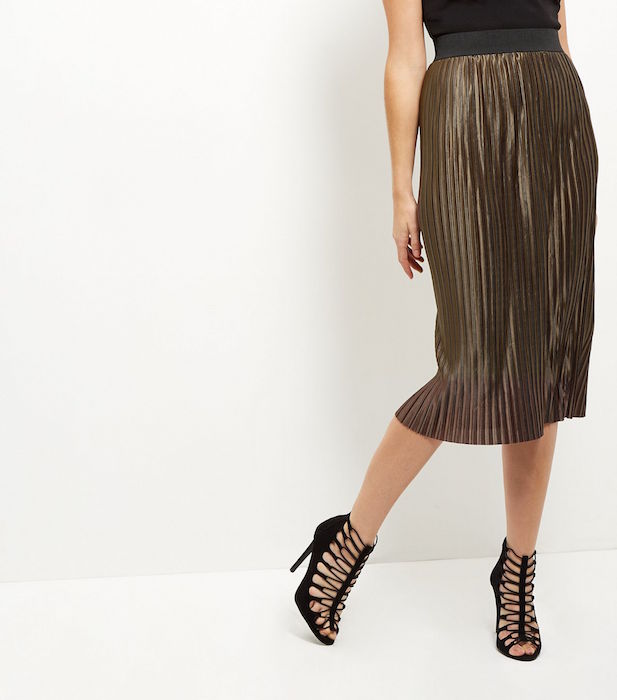 Khaki Sateen Pleated Midi Skirt