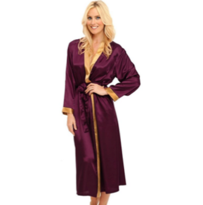 Del Rossa Women's Long Satin Robe with Contrast Trim