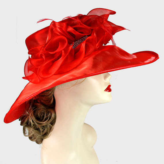 Red Organza Ruffle Feather Wide Brim Hat,