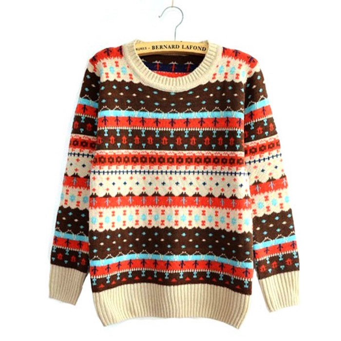 Retro Floral Stripe Print Pullover Knit Sweater Email to a Friend