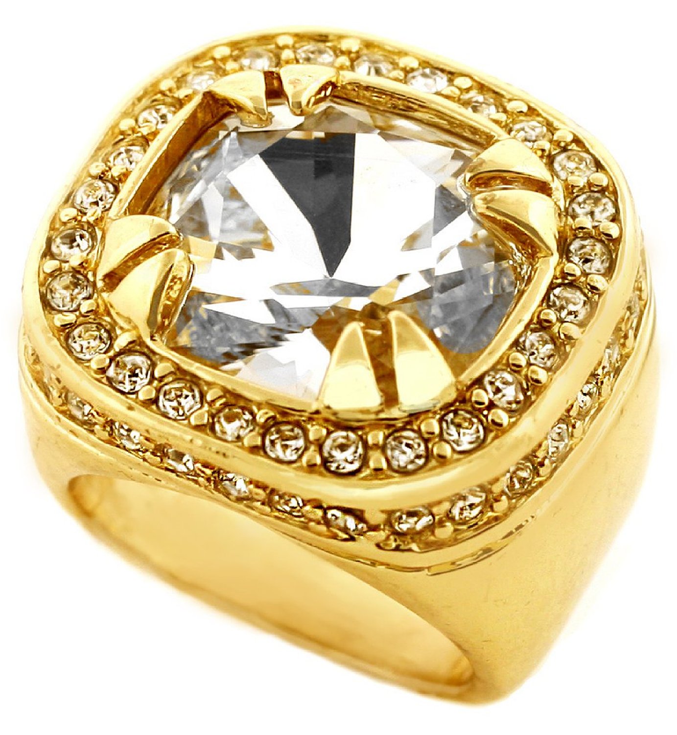 Gold Tone Synthetic Clear CZ Mens Rick Ross Hip Hop Style Ring