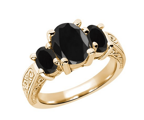 3.32 Ct Oval Black Sapphire Onyx 925 Yellow Gold Plated Silver 3-Stone Ring