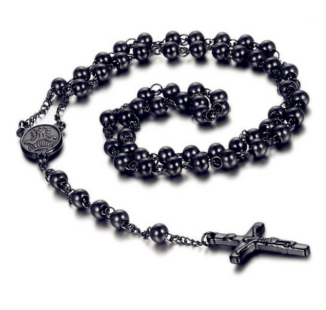 Flongo Men's Women's Vintage Stainless Steel 6mm Beads Jesus Christ Crucifix Cross Rosary Pendant Necklace, 30 inch