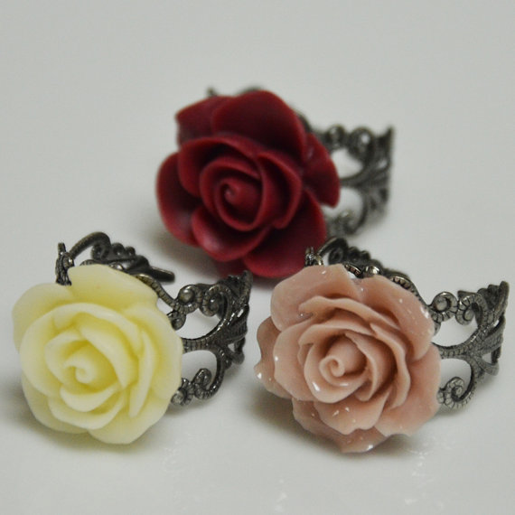 Victorian Rose Ring With Antique Silver Adjustable Ring - Pick Your Color