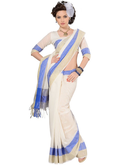 IndusDiva Women's Off White and Blue Jute Cotton Saree