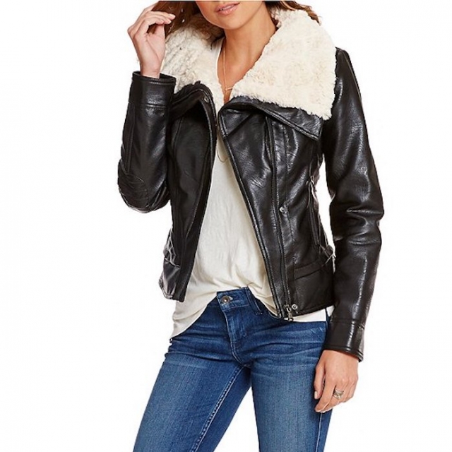 Guess Faux-Leather Moto Jacket with Faux-Shearling Collar