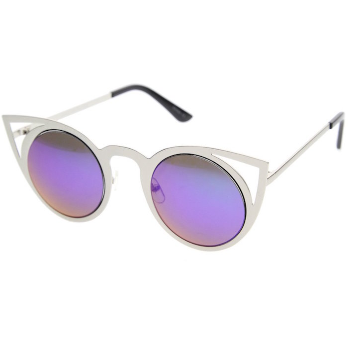 zeroUV - Womens Fashion Round Metal Cut-Out Flash Mirror Lens Cat Eye Sunglasses