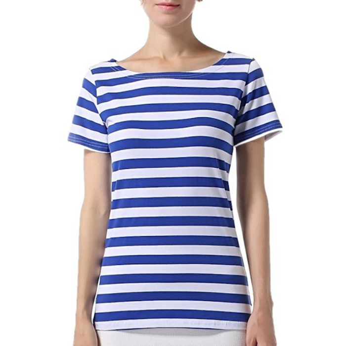 S-ZONE Summer T-Shirt Tops For Womens Short Sleeve Black Blue Striped Pattern