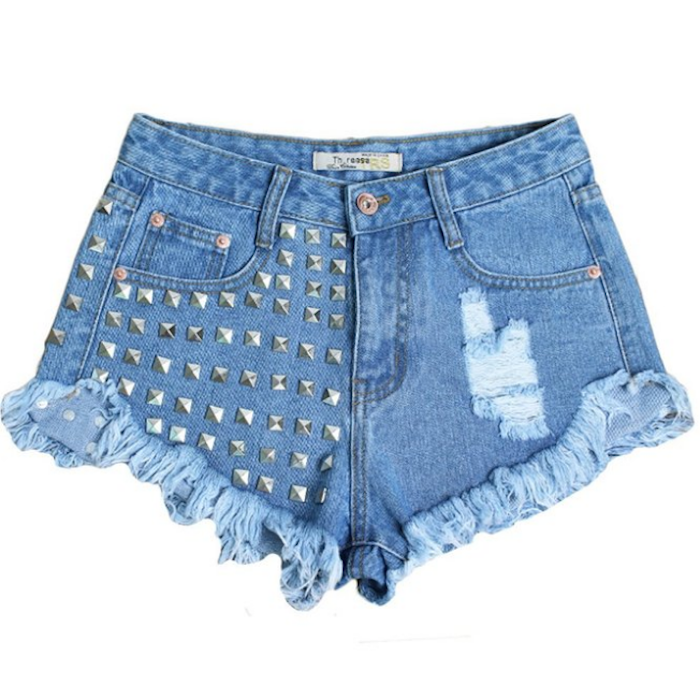 Xingqitian Women's Studded Distressed High Waisted Denim Shorts | Blingby