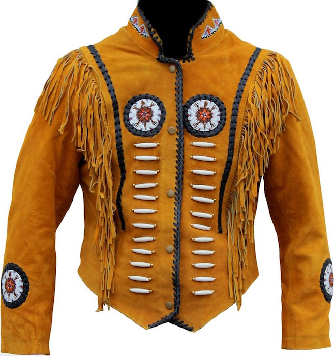 Classyak Western Suede Leather Jacket with Beads, Fringes and Bones, Xs-4xl