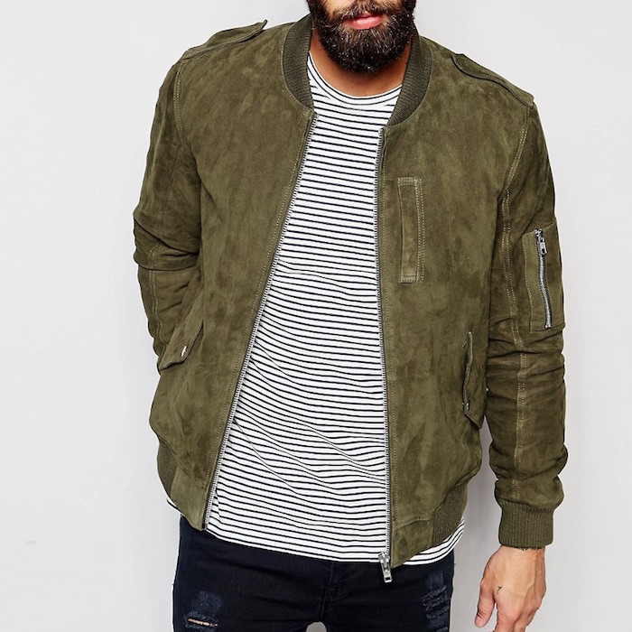 ASOS Khaki Suede Bomber Jacket In Military Styling