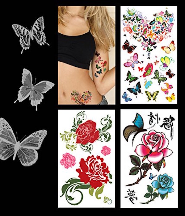 3-pack Sexy Lower Back, Shoulder, Neck, Arm Temporary Tattoos - Roses & Butterflies Tattoo 