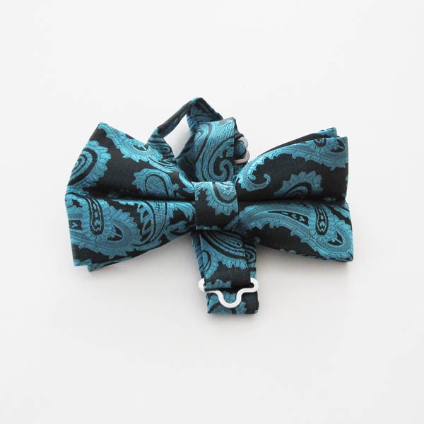 Teal Paisley on Black Band Bow Tie 11323