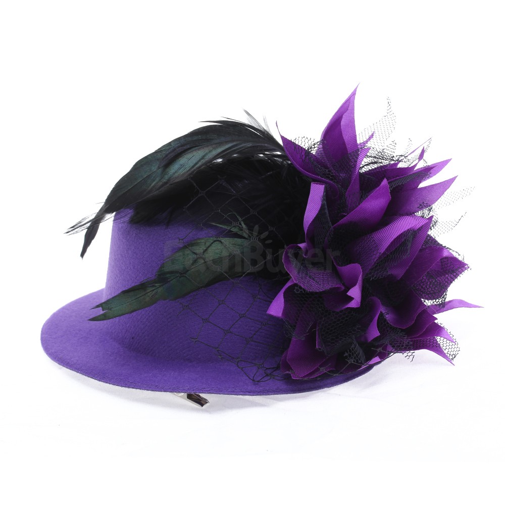 Feather Hair Clips Purple Mini Top Hat Party Lolita Cosplay Goth