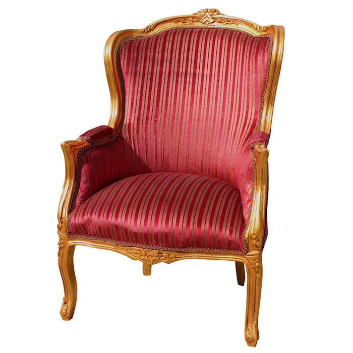 High Back Tub Chair - Gold Frame/Red Stripe Upholstery