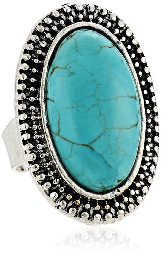 Yazilind Rimous Oval Turquoise Tibetan Silver Striking Simplicity Adjustable Ring