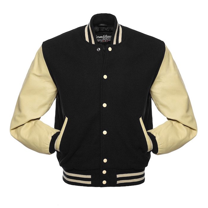 C125 Black Wool Cream Leather Letterman Jacket Varsity Jacket | Blingby