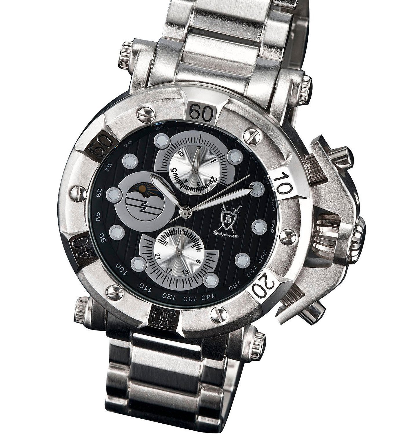 Konigswerk Mens Stylish Silver Bracelet Watch Large Black Dial Multifunction 