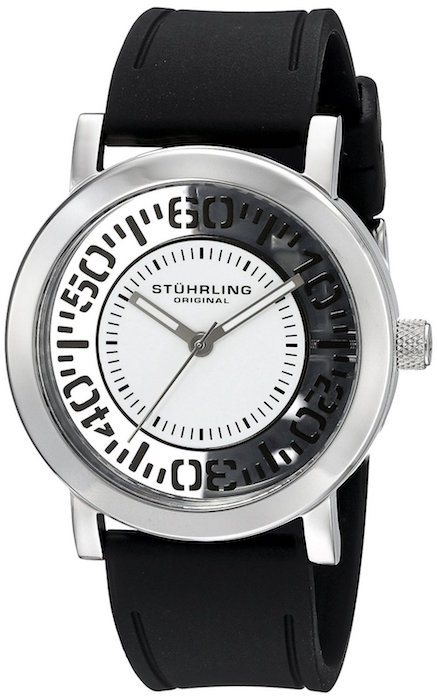 Stuhrling Original Men's 830.01 Symphony Quartz Tranparent Floating Dial Black Rubber Strap Watch