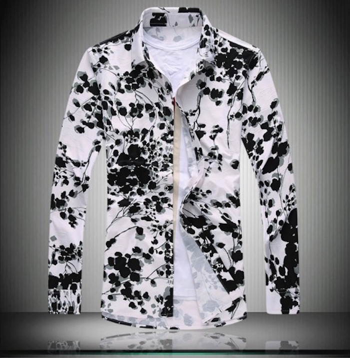 Black & White Leaf Print Long Sleeve Thick Button Up Mens Shirt