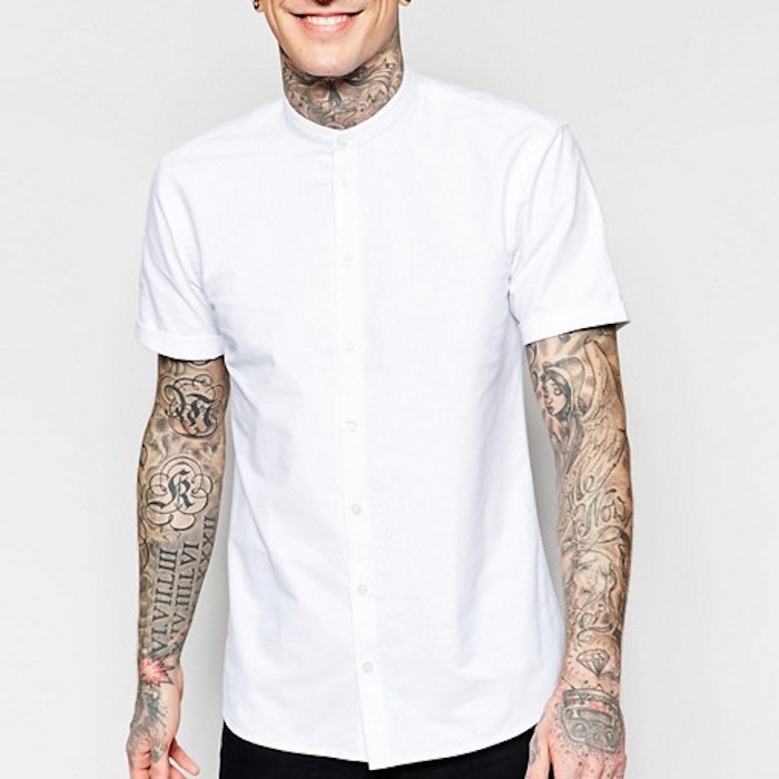 Minimum Shirt With Grandad Collar & Short Sleeves In White