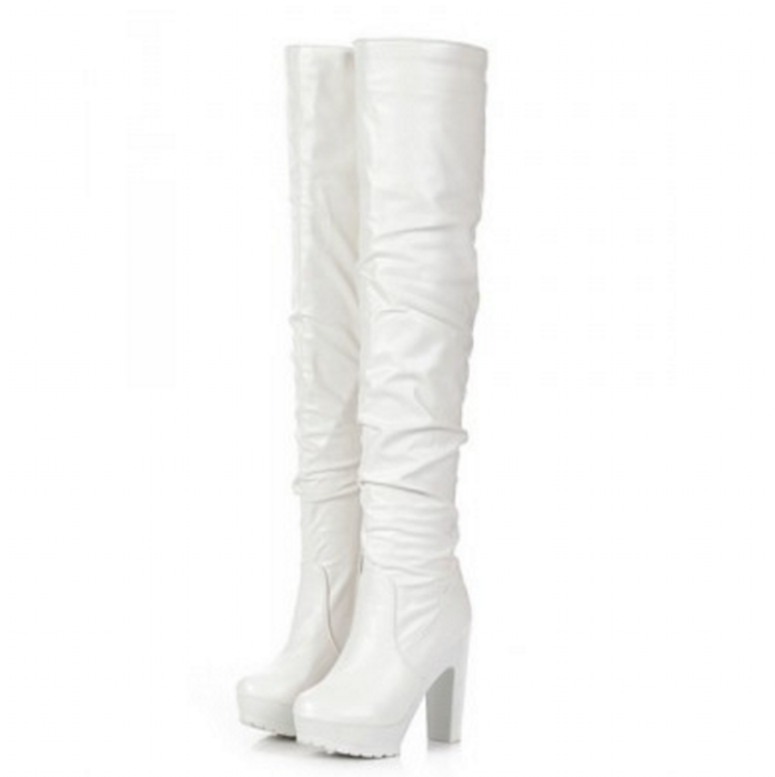 White Faux Leather Chunky Heel Thigh High Boots