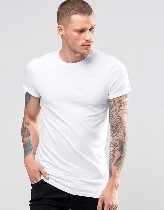 ASOS Longline Muscle T-Shirt With Roll Sleeve In White