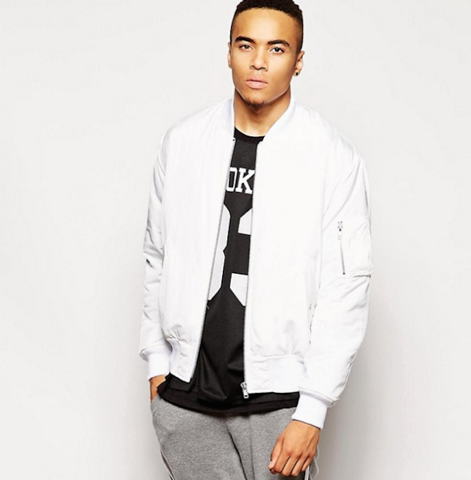 ASOS Bomber Jacket With MA1 Pocket In White | Blingby
