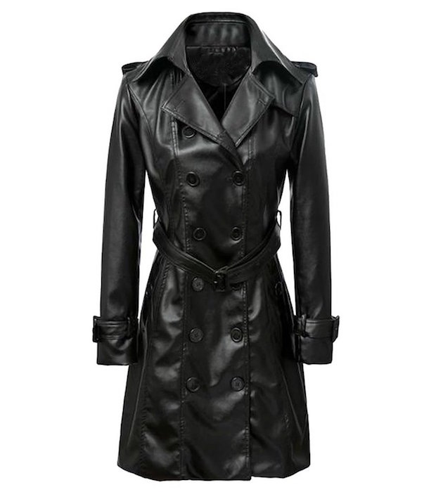 Women's Trench Long Sleeves Double Breasted Belted PU Leather Wind Coat Black
