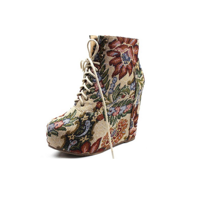 Women's Vintage Floral Lace-Up Wedge Heel Ankle Boots