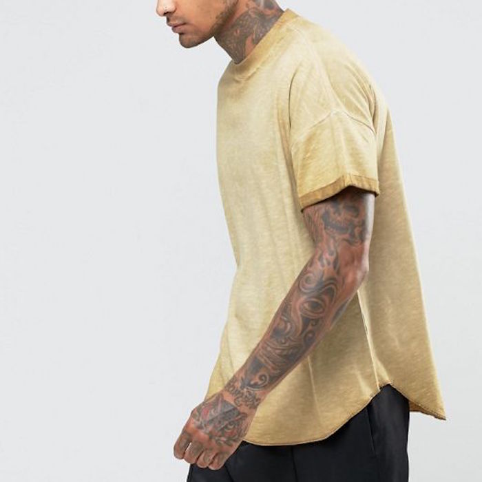 ASOS Oversized T-Shirt With Roll Sleeve In Oil Wash With Curved Hem In Yellow