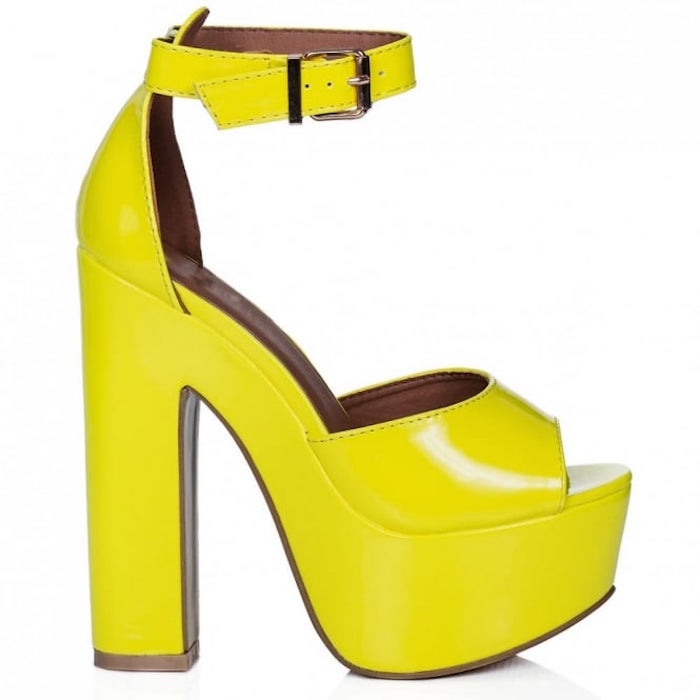 MIINTY Block Heel Peep Toe Platform Sandal Shoes - Yellow Neon Patent ...
