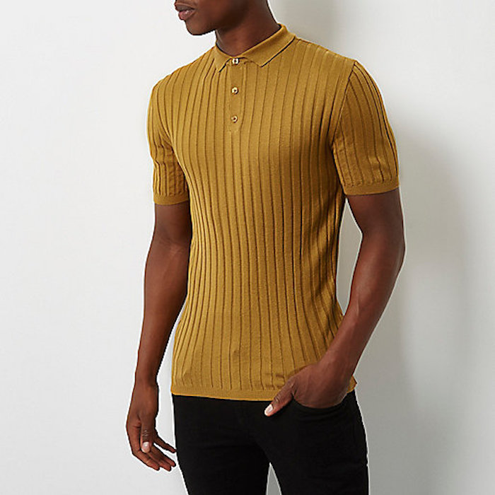 Dark yellow ribbed muscle fit polo shirt