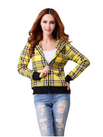 Women's 3d Print Zip-up Yellow Plaid Hoodie Sweatshirt Jacket Coat
